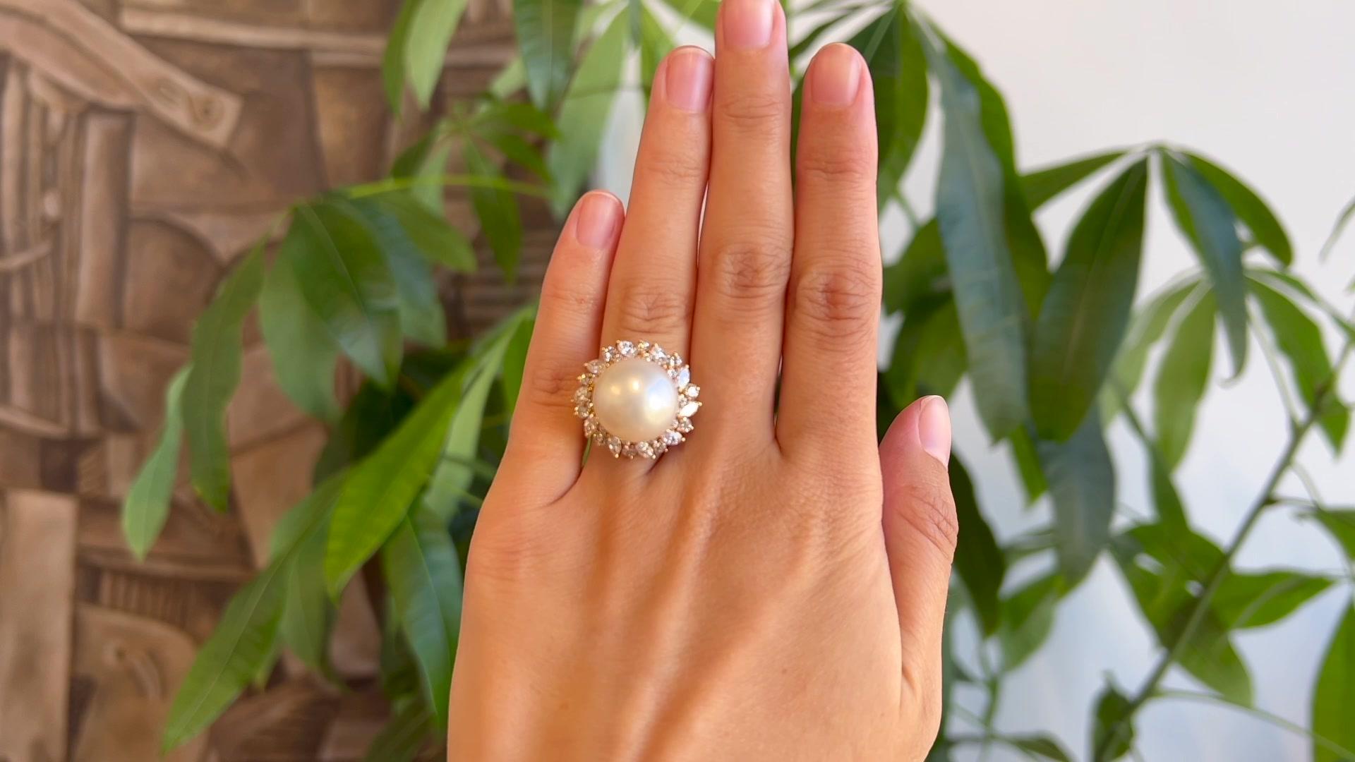 Round Cut Mid Century Pearl Diamond 18 Karat Yellow Gold Cocktail Ring