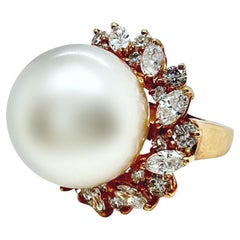 Mid Century Pearl Diamond 18 Karat Yellow Gold Cocktail Ring