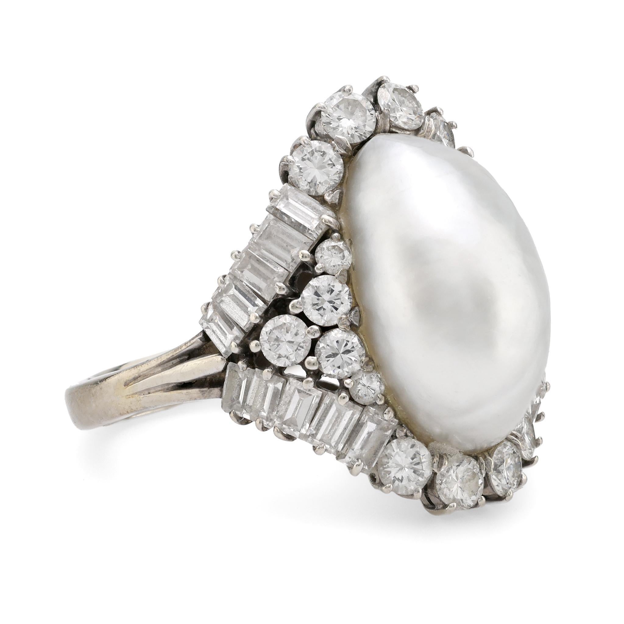 Modern Mid Century pearl diamond 18k white gold cocktail ring For Sale
