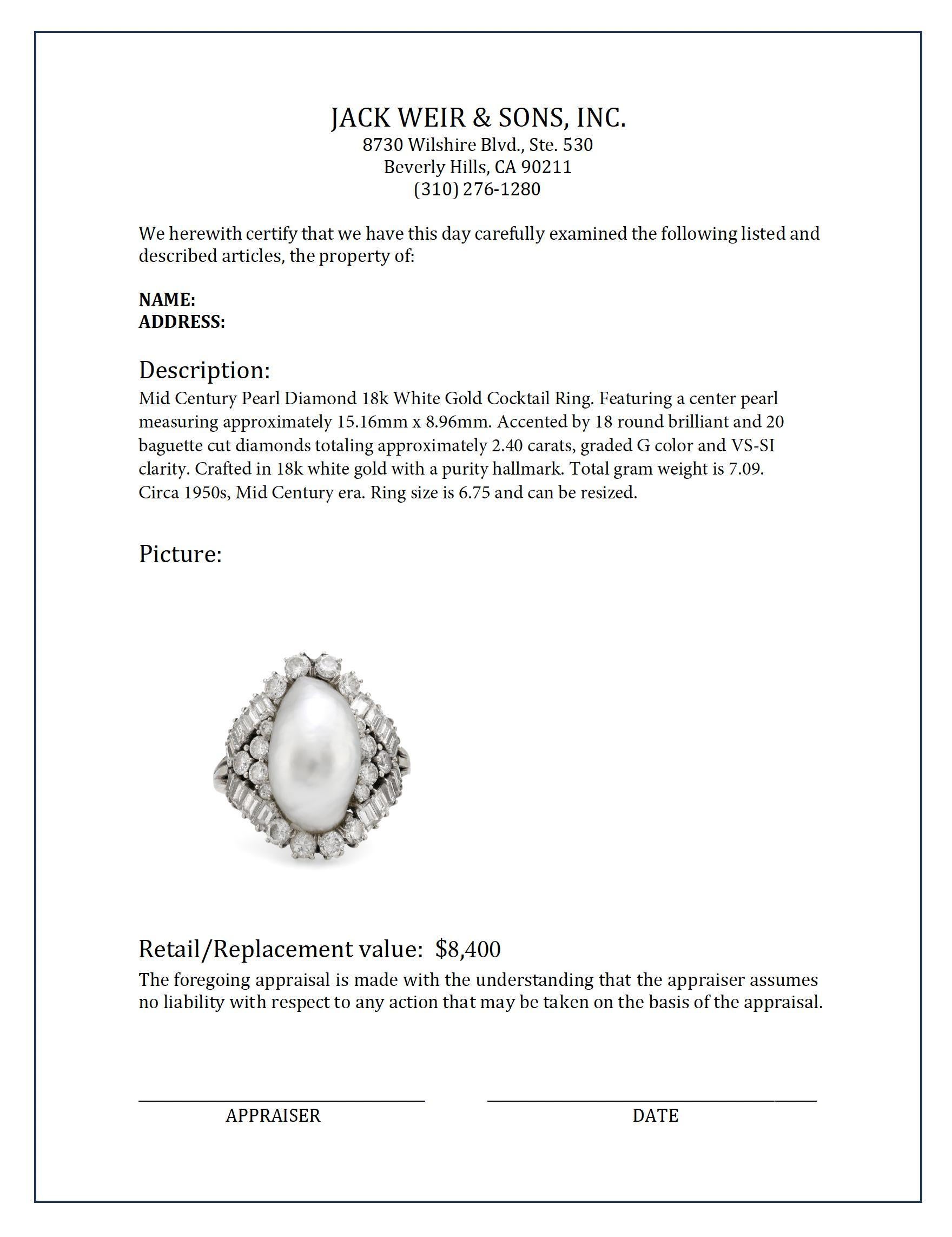 Mid Century pearl diamond 18k white gold cocktail ring In Excellent Condition For Sale In Beverly Hills, CA