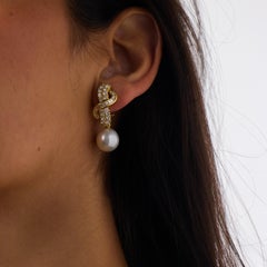 Mid Century pearl diamond 18k yellow gold earrings