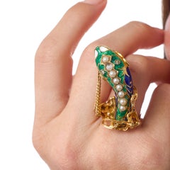 Mid Century pearl diamond 18k yellow gold enamel snake ring