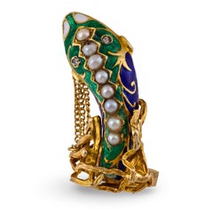 Mid Century pearl diamond 18k yellow gold enamel snake ring