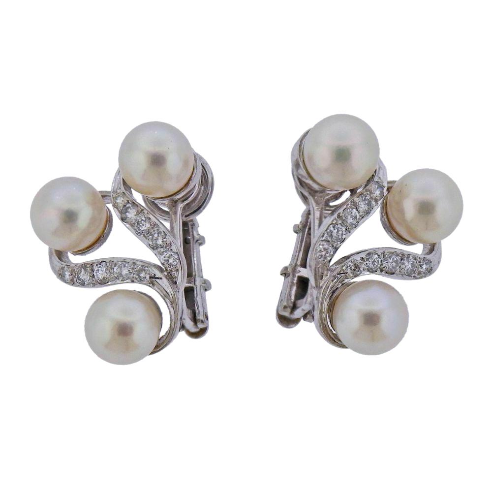 Mid Century Pearl Diamond Gold Earrings For Sale