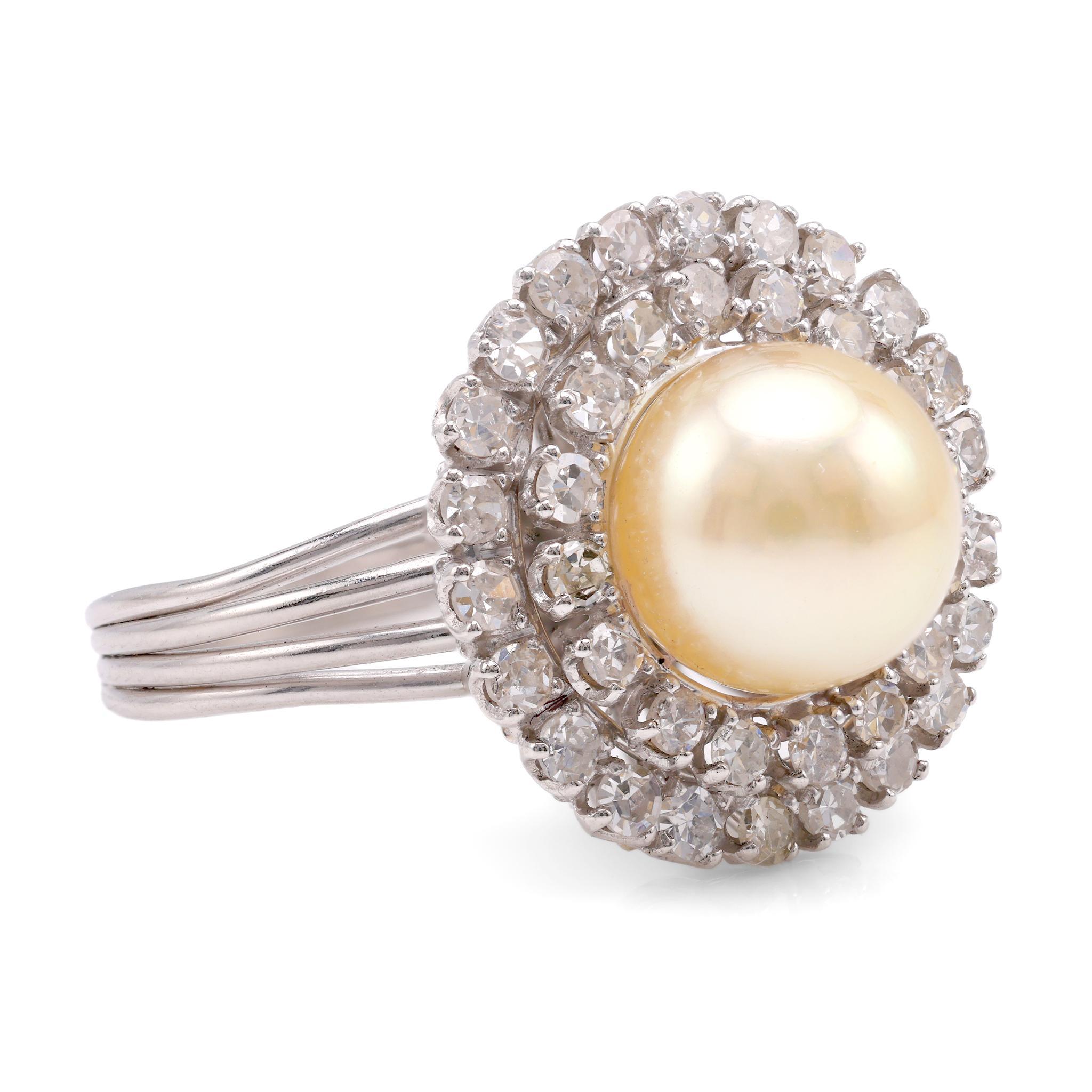 Mid Century Perle Diamant Platin Cluster Ring (Einfacher Schliff)