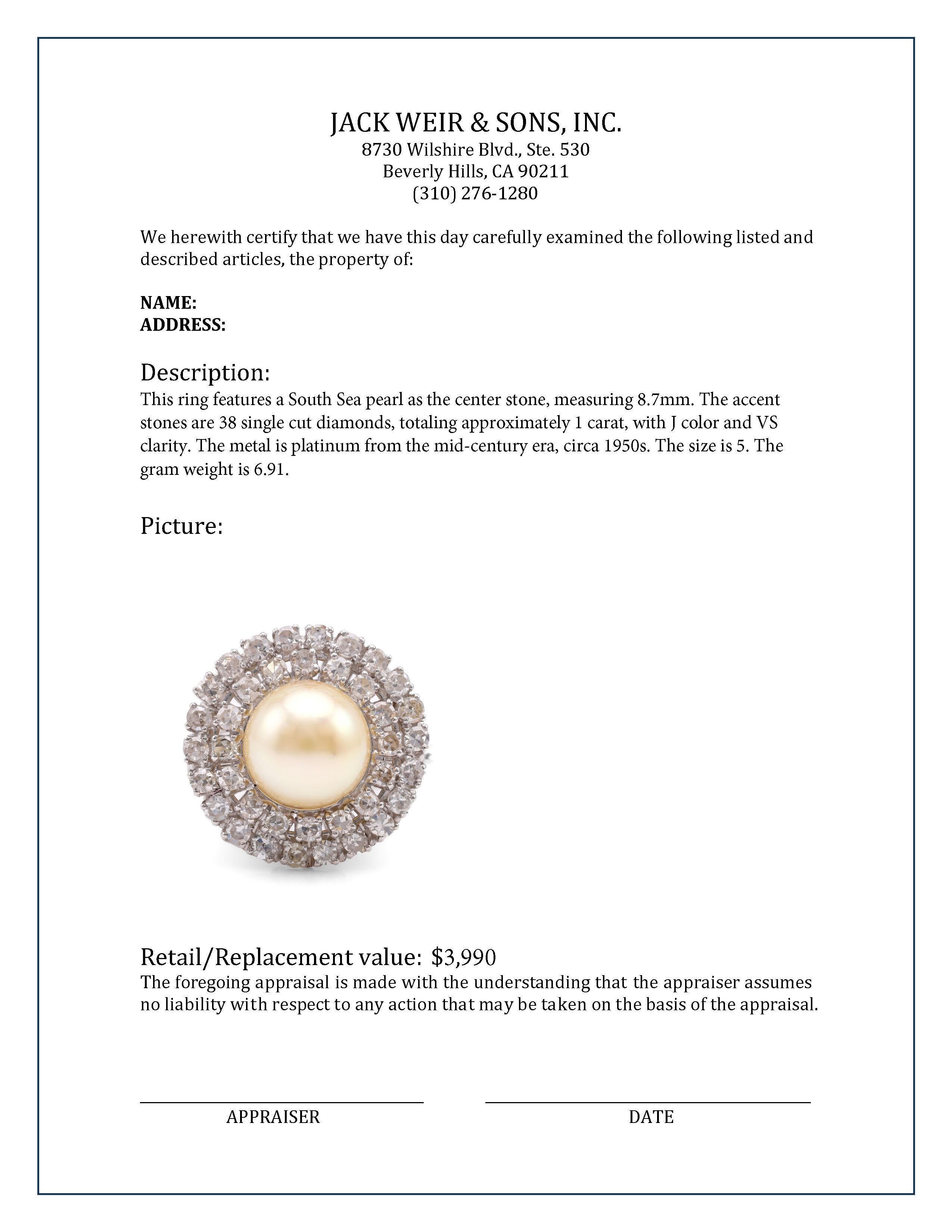 Mid Century Perle Diamant Platin Cluster Ring im Zustand „Hervorragend“ in Beverly Hills, CA