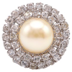 Mid Century Pearl Diamond Platinum Cluster Ring