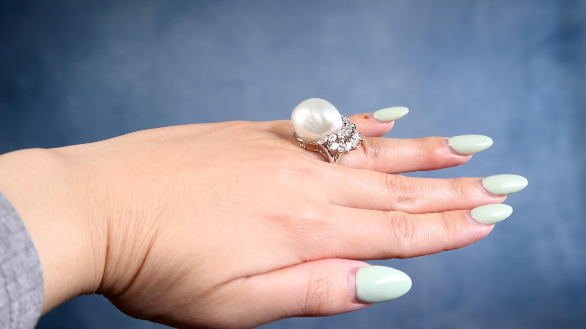 Marquise Cut Mid-Century Pearl Diamond Platinum Cocktail Ring For Sale