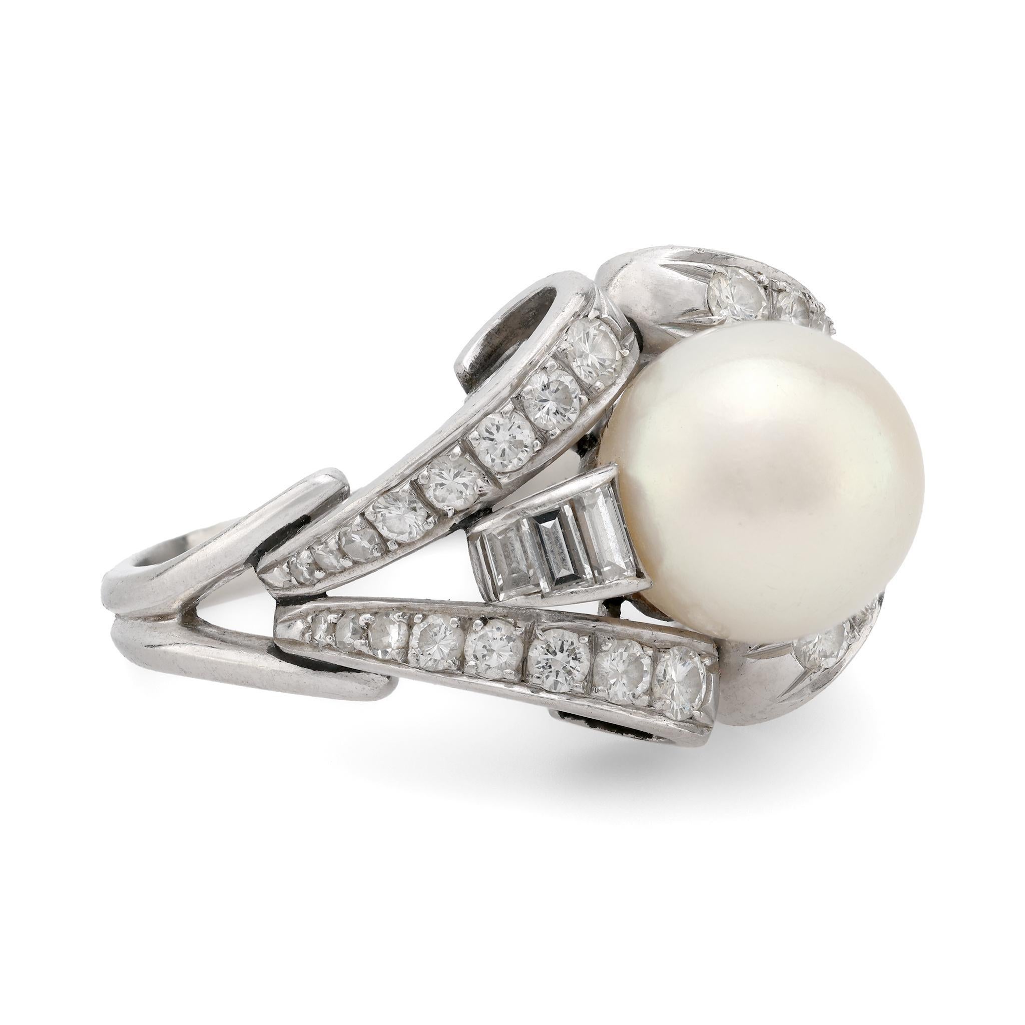Modern Mid Century pearl diamond platinum cocktail ring