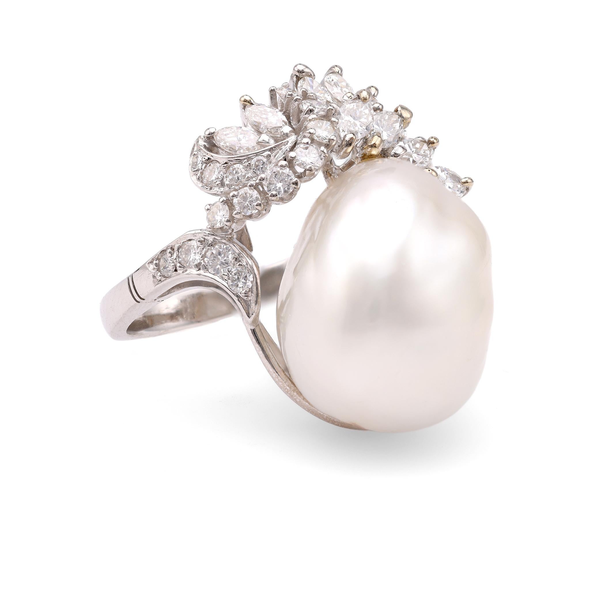 Mid-Century Pearl Diamond Platinum Cocktail Ring In Good Condition For Sale In Beverly Hills, CA