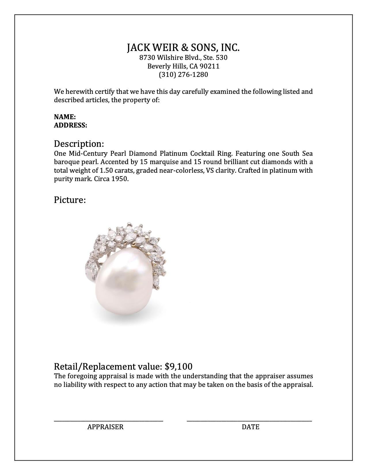 Women's or Men's Mid-Century Pearl Diamond Platinum Cocktail Ring For Sale