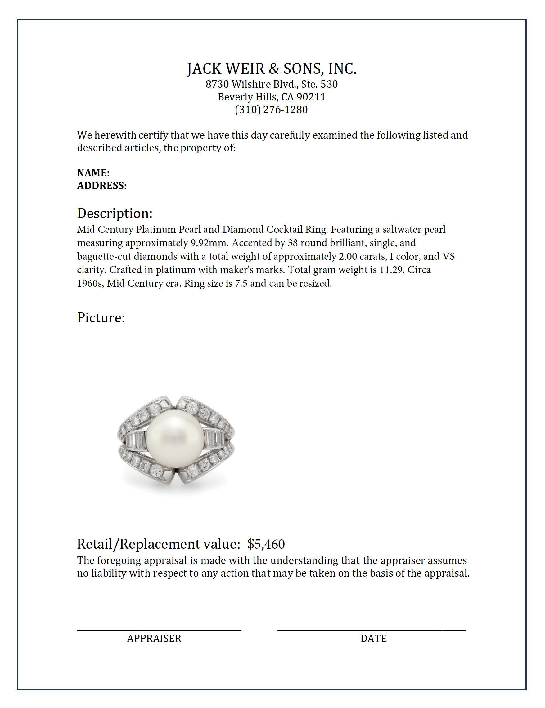Mid Century pearl diamond platinum cocktail ring In Excellent Condition In Beverly Hills, CA