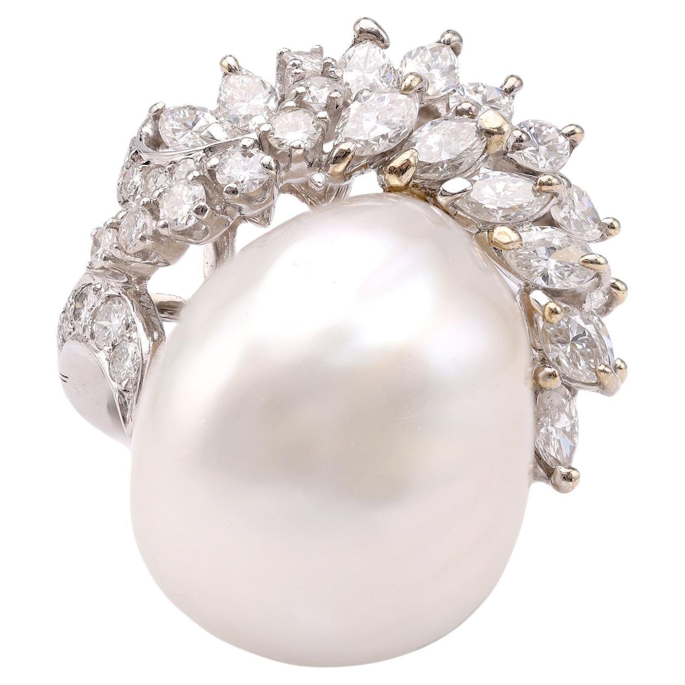 Mid-Century Pearl Diamond Platinum Cocktail Ring For Sale