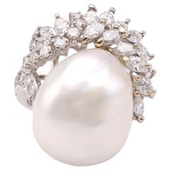 Mid-Century Pearl Diamond Platinum Cocktail Ring