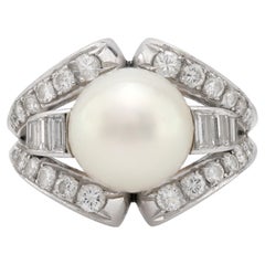 Mid Century pearl diamond platinum cocktail ring