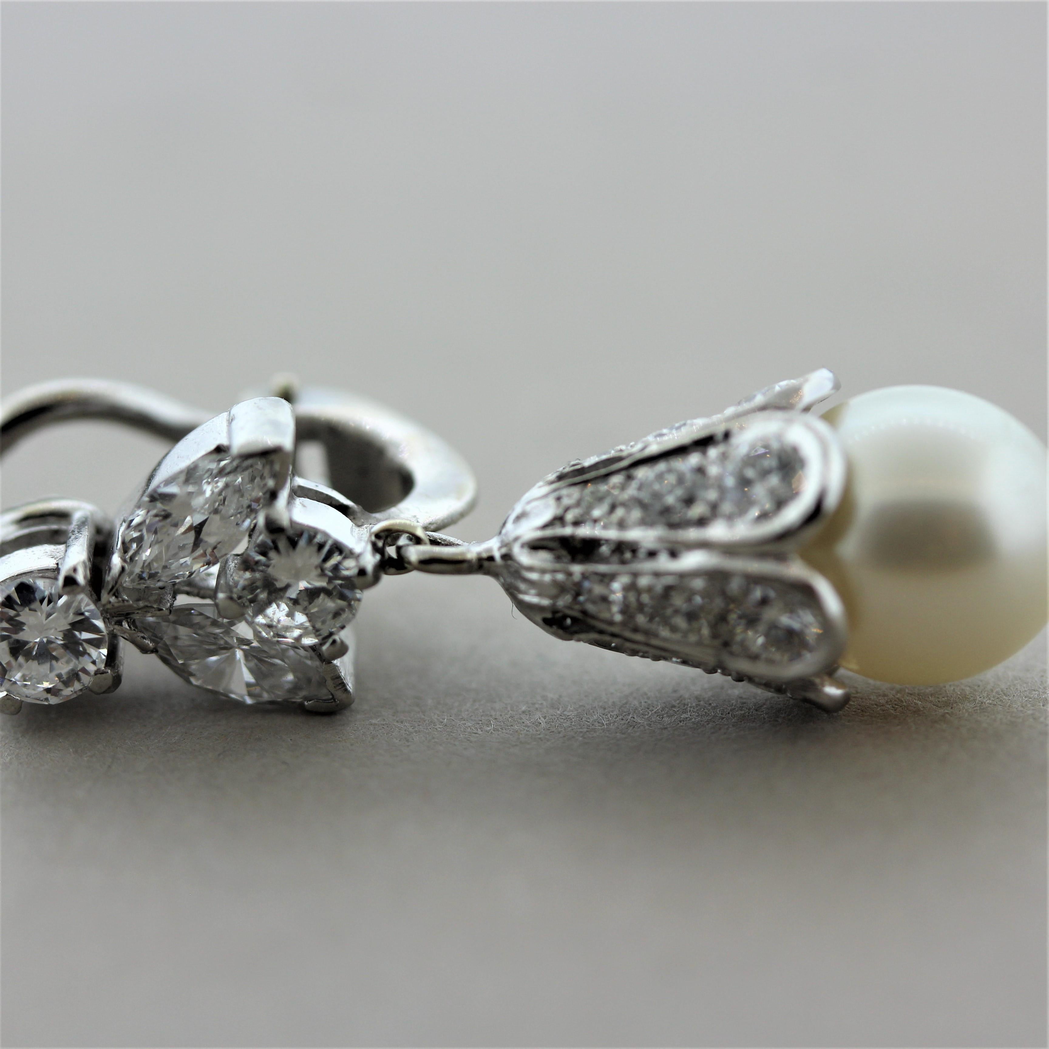 Mid-Century Pearl Diamond Platinum Drop Earrings In Excellent Condition For Sale In Beverly Hills, CA
