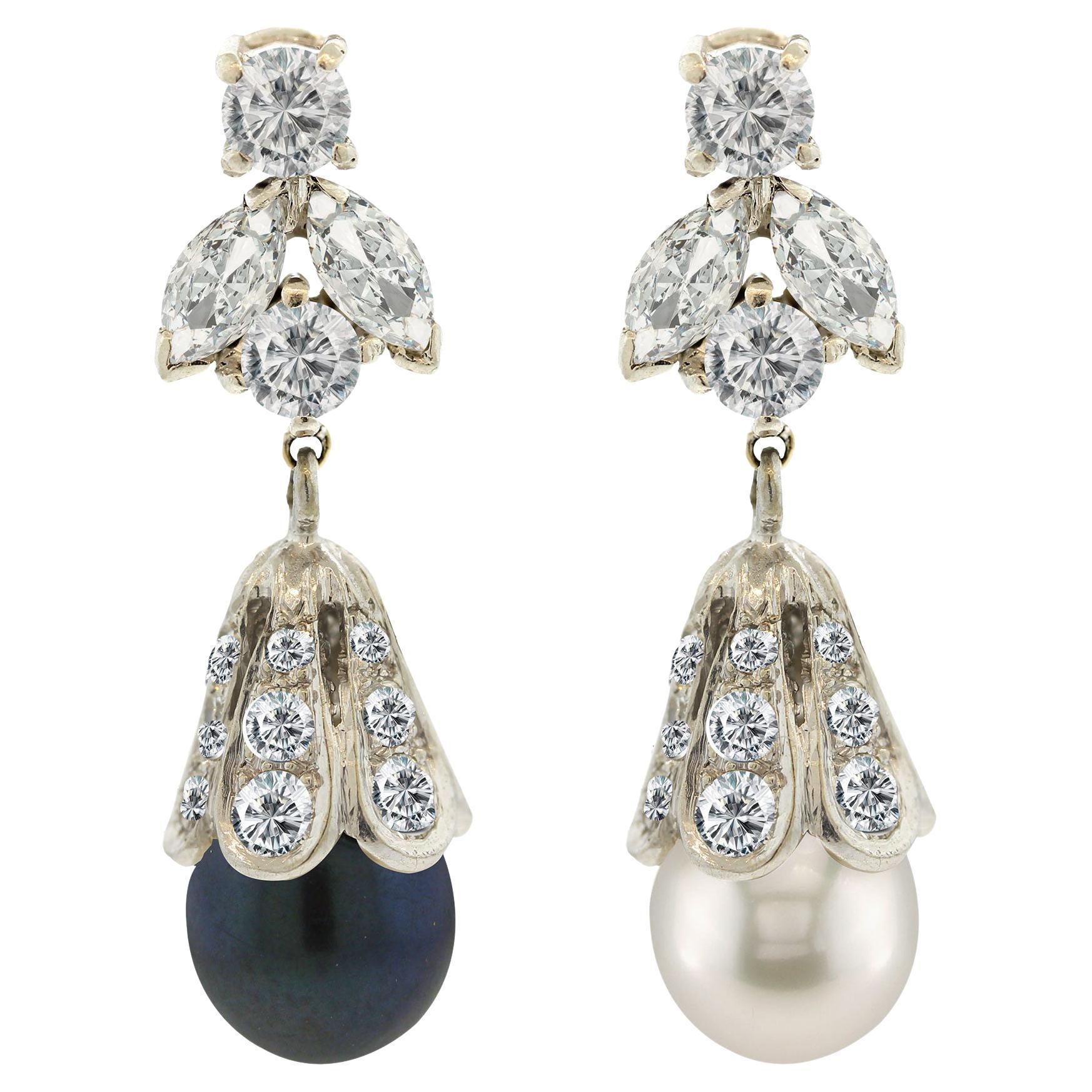 Mid-Century Pearl Diamond Platinum Drop Earrings For Sale