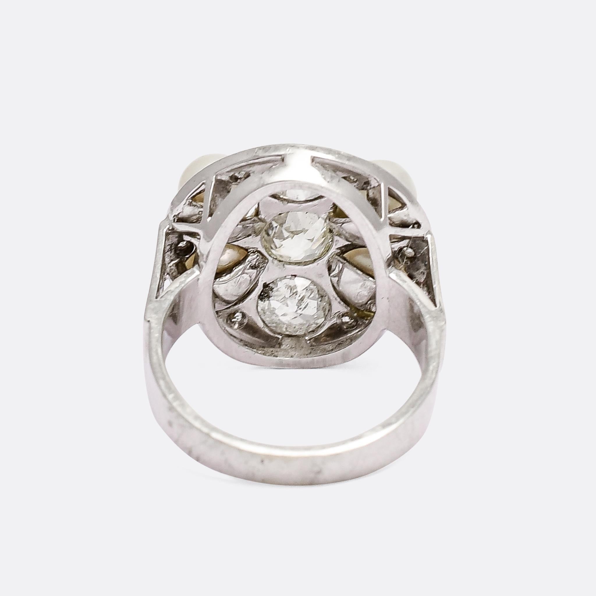 Old Mine Cut Midcentury Pearl Old Cut Diamond Dish Ring For Sale