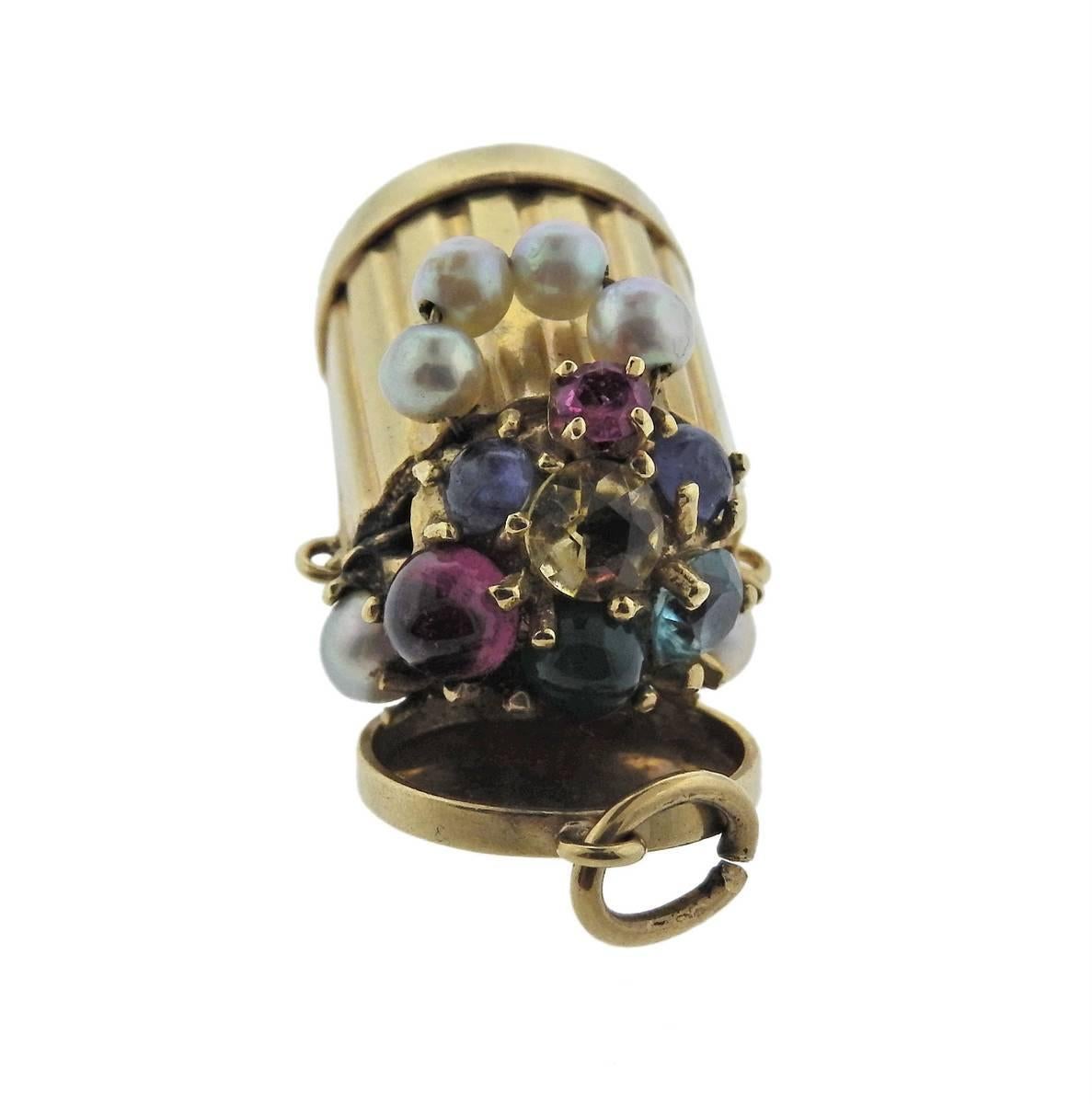 Women's or Men's Midcentury Pearl Ruby Sapphire Emerald Gold Trash Can Charm