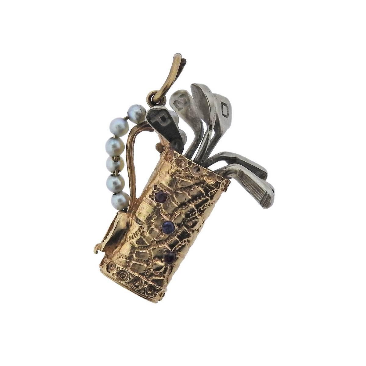 Midcentury Pearl Ruby Sapphire Gold Golf Bag Charm In Excellent Condition In Lambertville, NJ
