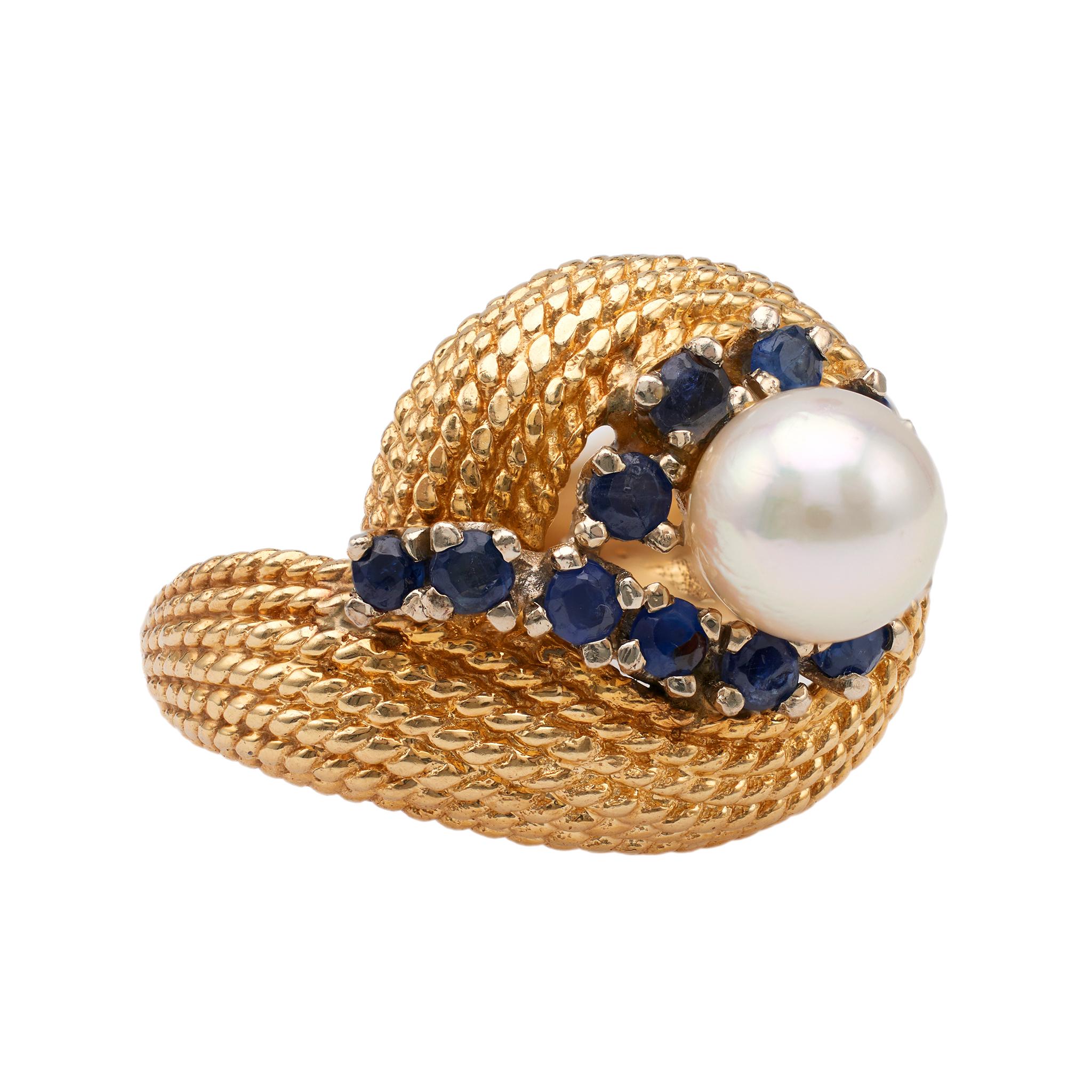Mid-Century Perle Saphir 14k Gelbgold Ring für Damen oder Herren im Angebot