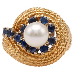 Retro Mid-Century Pearl Sapphire 14k Yellow Gold Ring