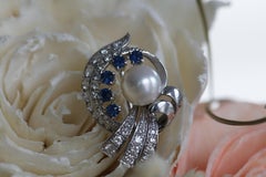 Mid Century Pearl Sapphire Diamond 14k White Gold Brooch 1950s