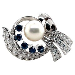 Mid Century Pearl Sapphire Diamond 14k White Gold Brooch 1950s