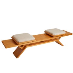 Mid Century Pearwood & Upholstery Bench, France 1970s