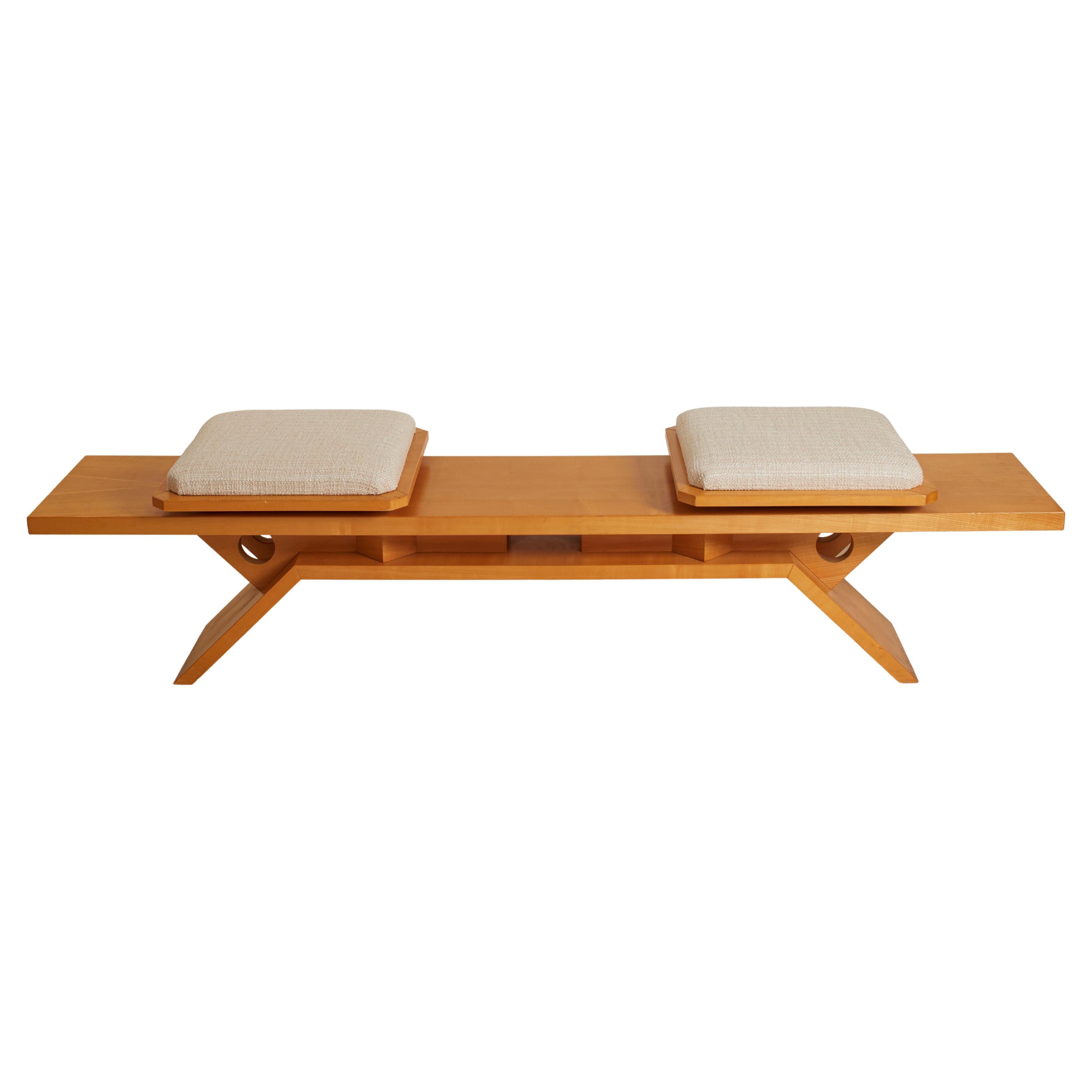 Mid Century Pearwood & Upholstery Bench, France 1970s For Sale