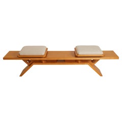 Mid Century Pearwood & Upholstery Bench, France 1970s