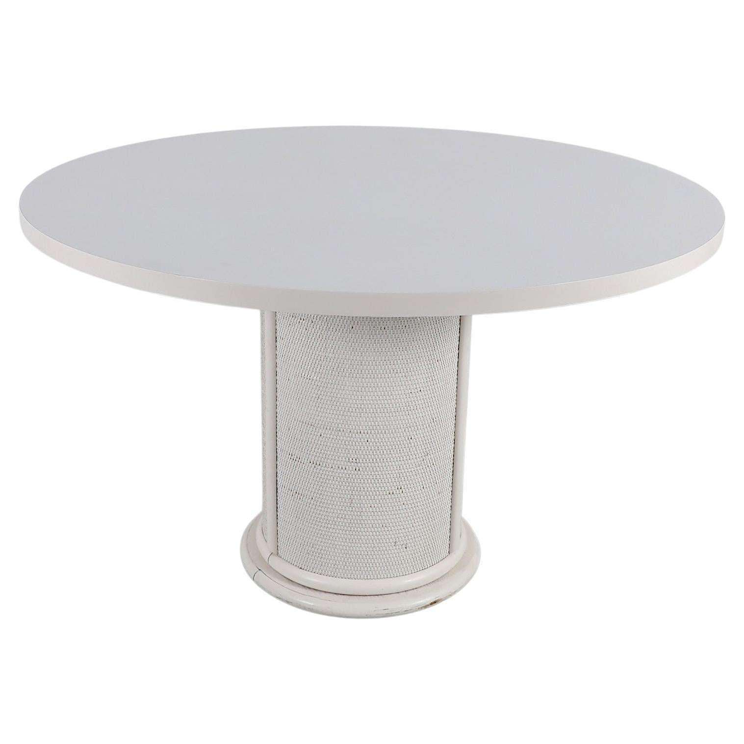 Mid-Century Pedestal Table, White Laminate Top, Lacquered Rattan Base For Sale