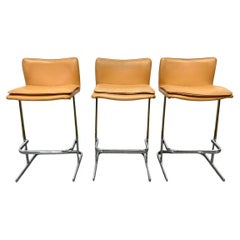 Mid century Peiff Tan leather and chrome brass Stools