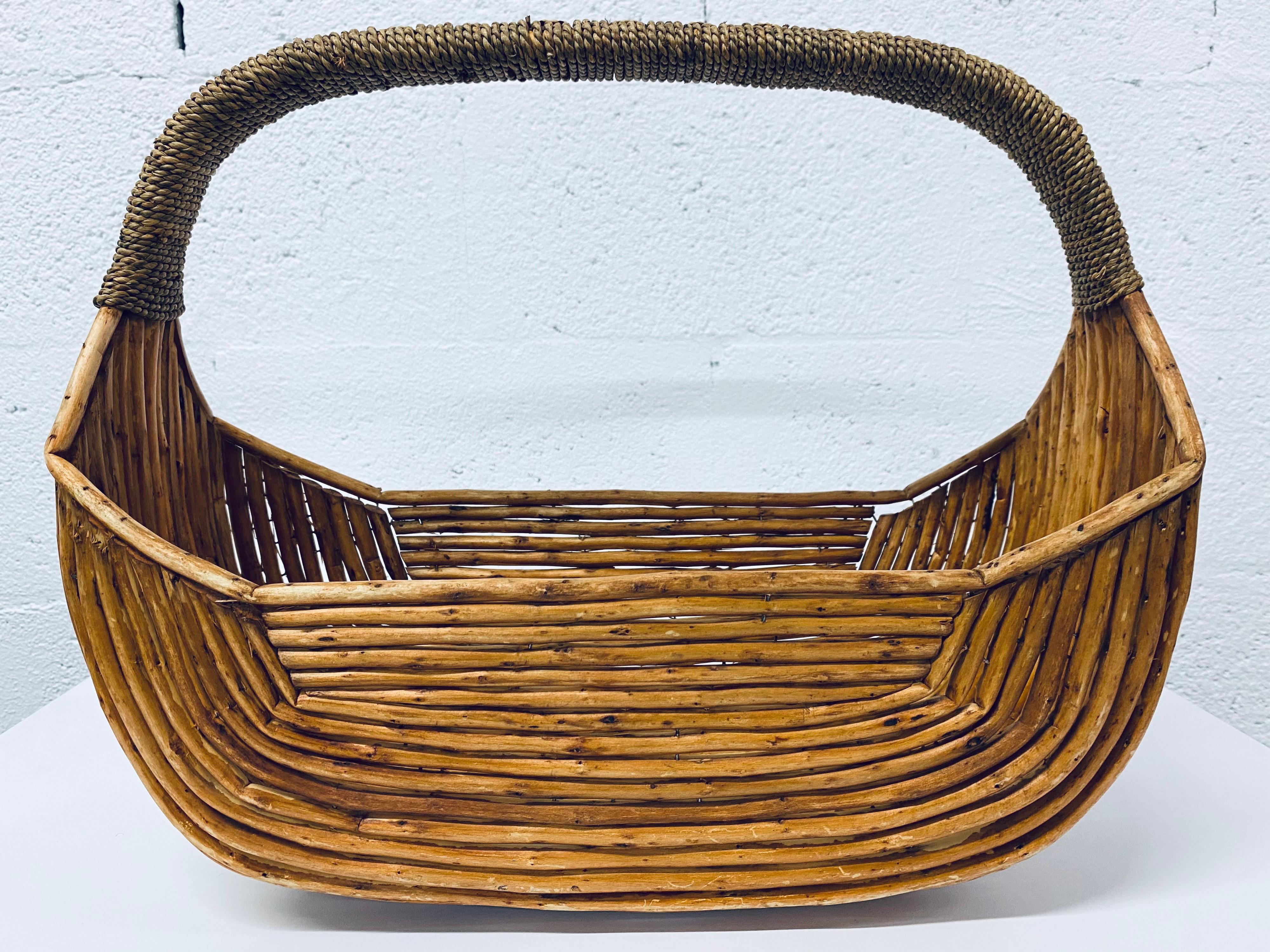 Midcentury Pencil Reed Basket with Woven Handle, 1970s 5