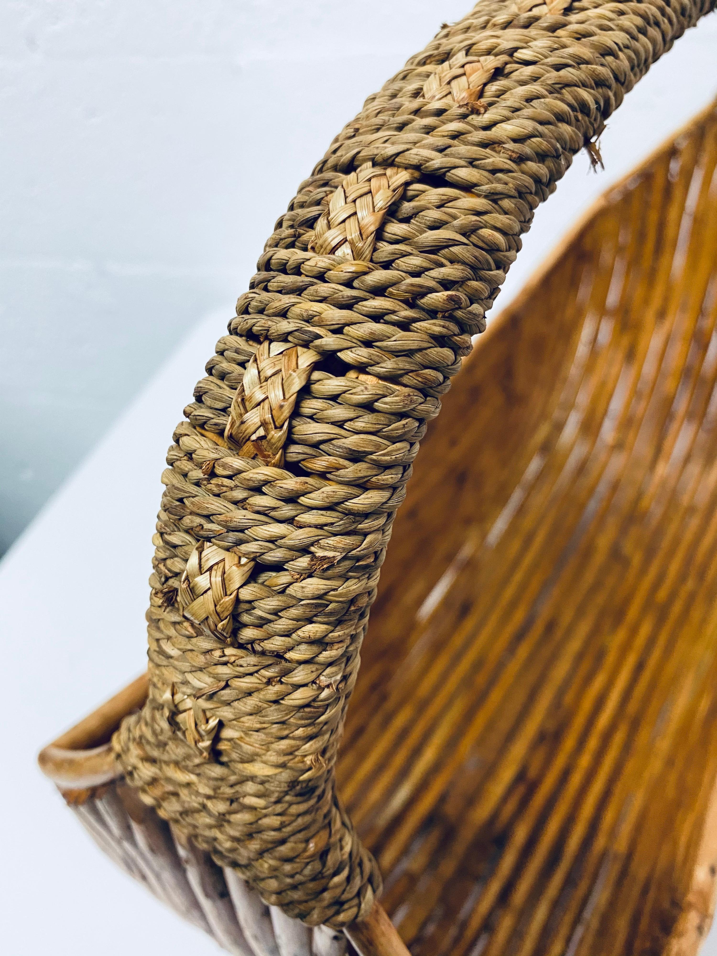 Midcentury Pencil Reed Basket with Woven Handle, 1970s 6