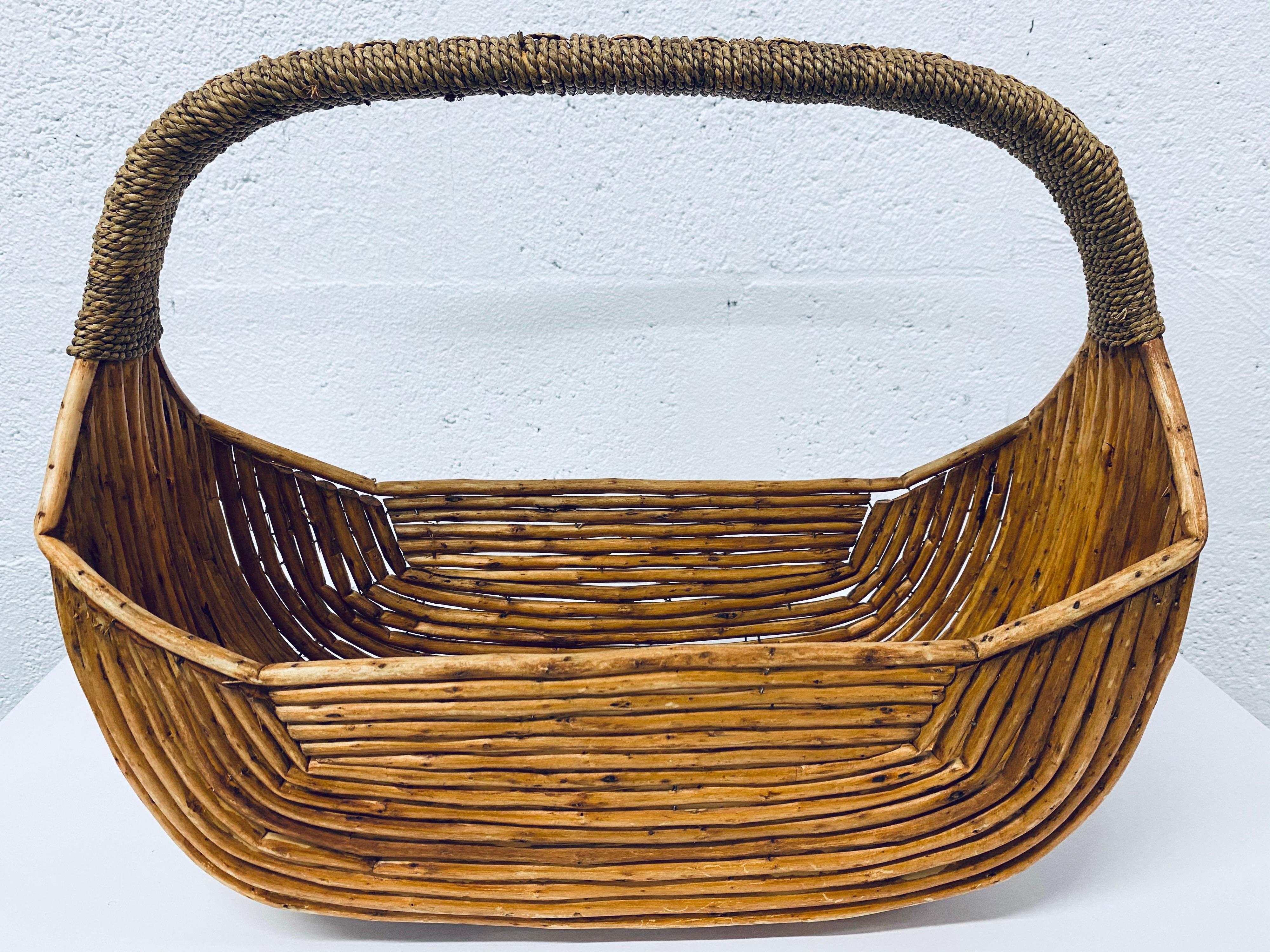 Mid-Century Modern Midcentury Pencil Reed Basket with Woven Handle, 1970s