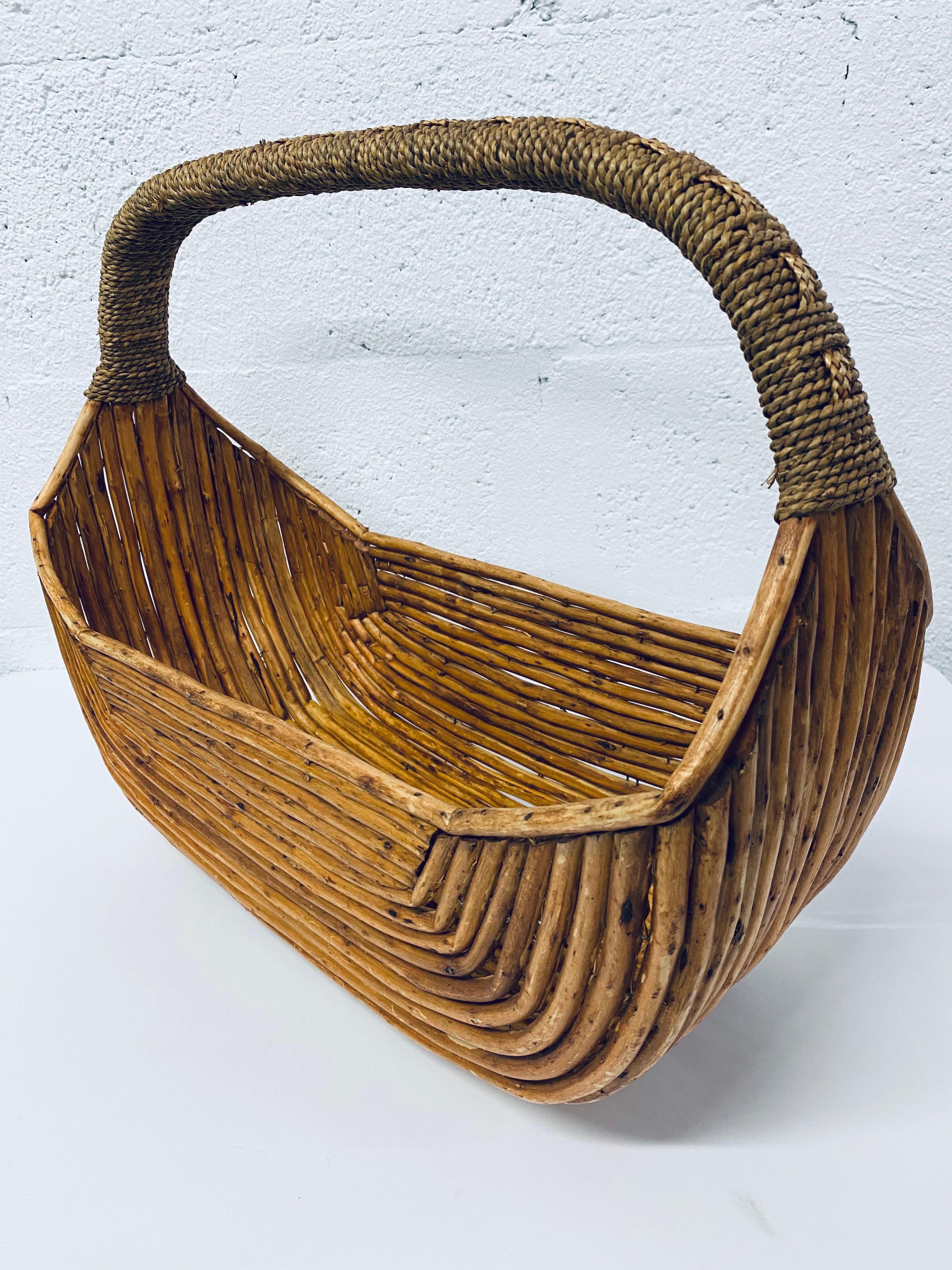 Unknown Midcentury Pencil Reed Basket with Woven Handle, 1970s