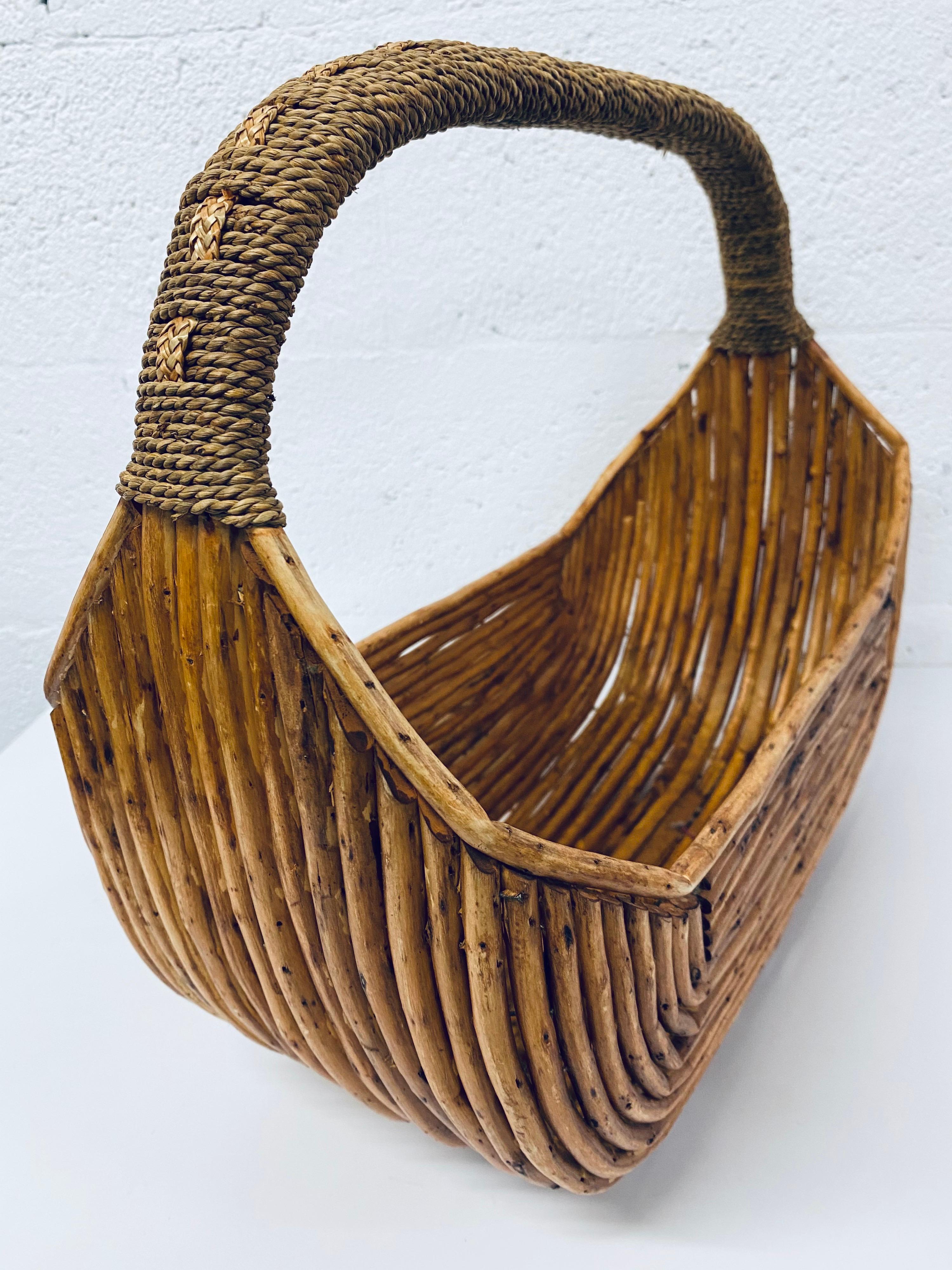 20th Century Midcentury Pencil Reed Basket with Woven Handle, 1970s