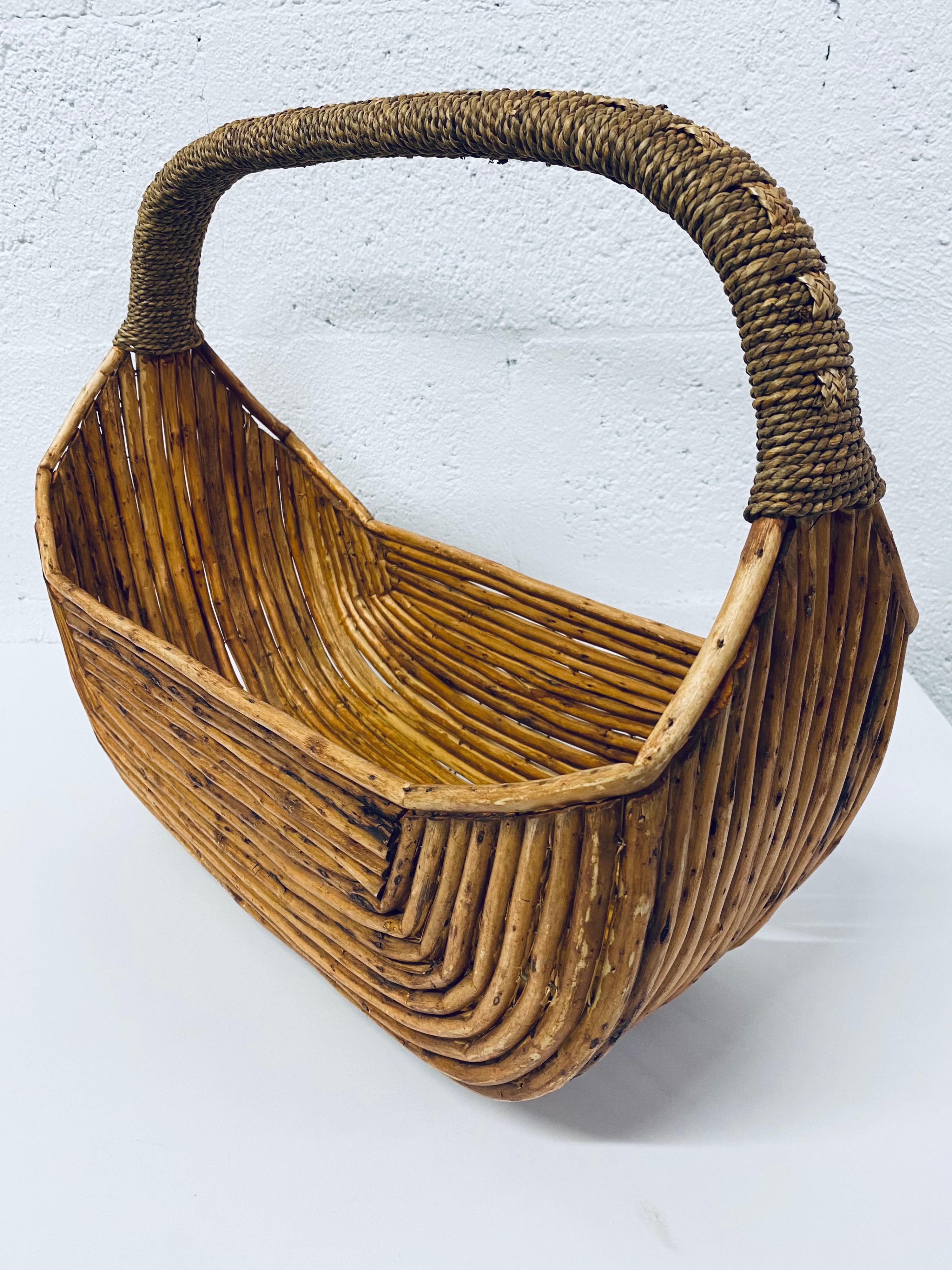 Midcentury Pencil Reed Basket with Woven Handle, 1970s 1