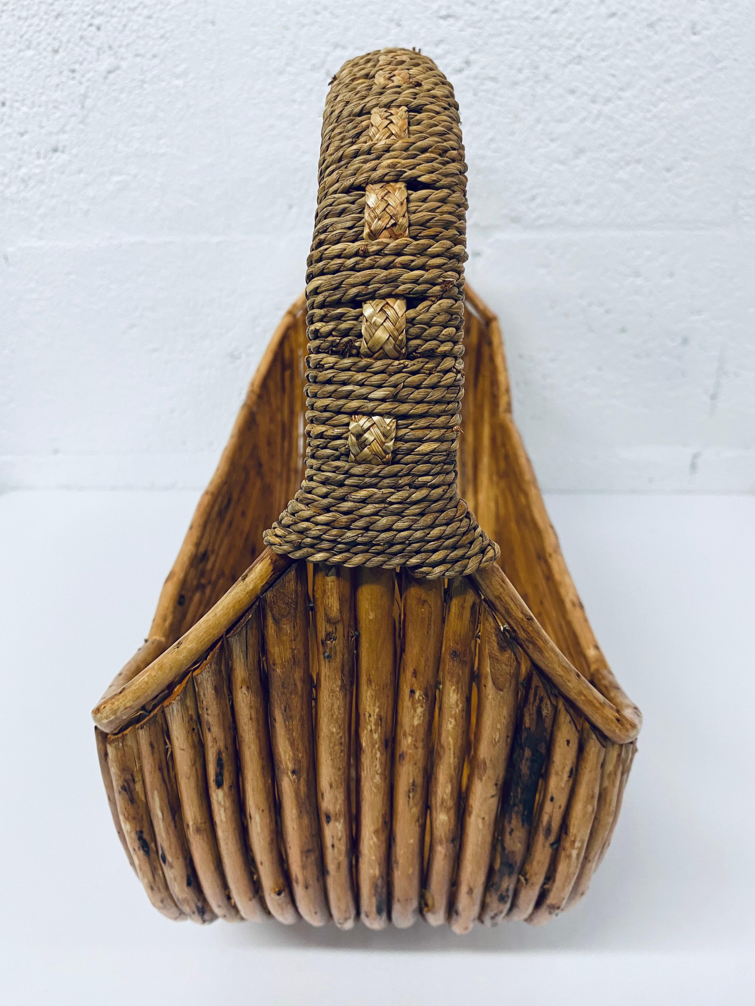 Midcentury Pencil Reed Basket with Woven Handle, 1970s 2