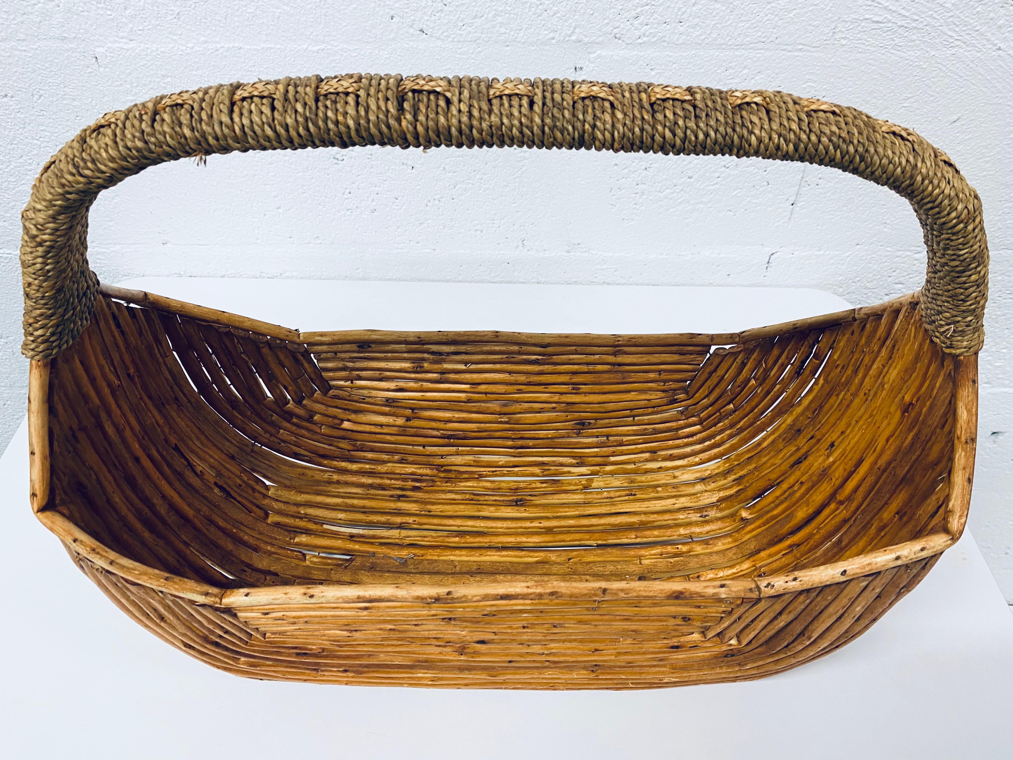 Midcentury Pencil Reed Basket with Woven Handle, 1970s 3