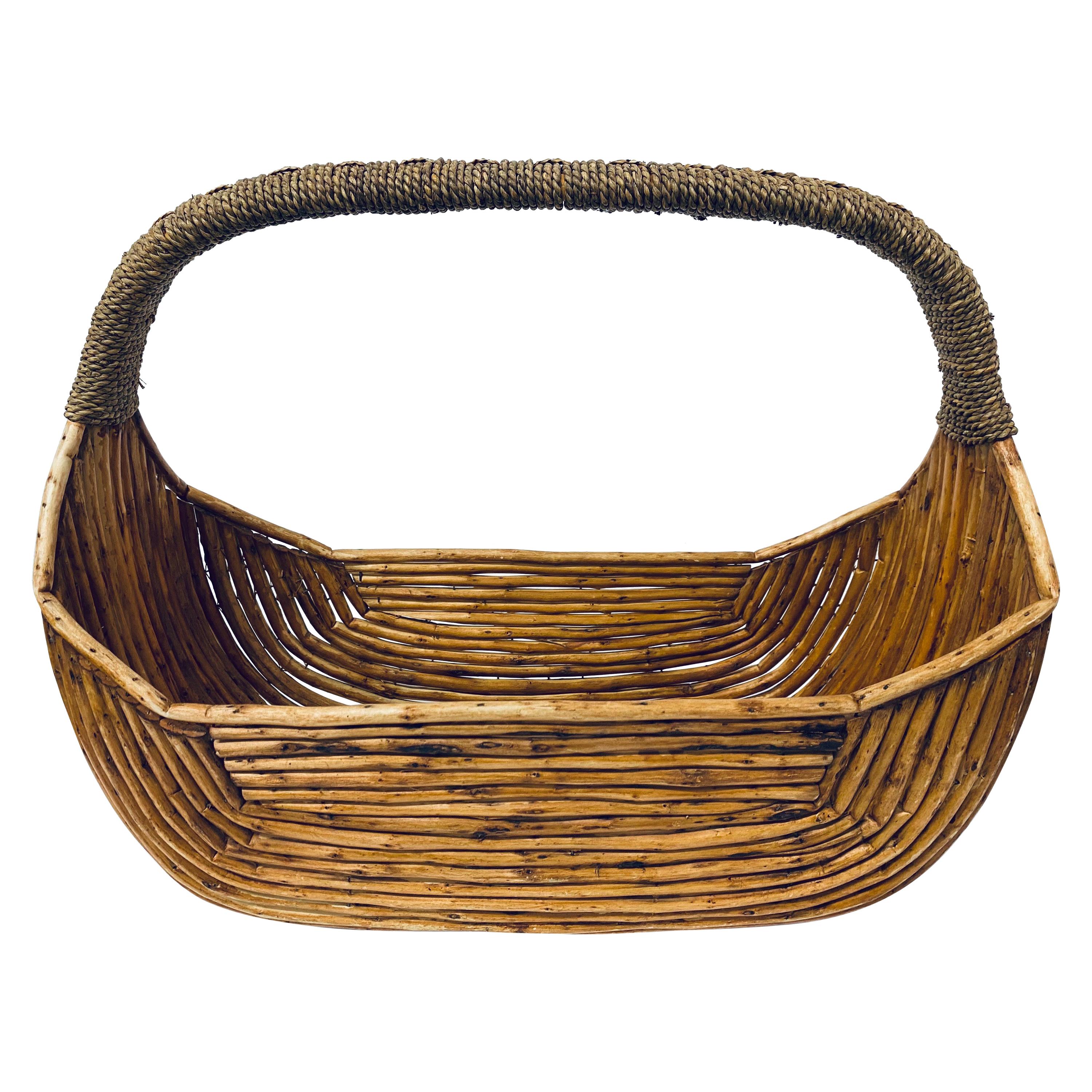 Midcentury Pencil Reed Basket with Woven Handle, 1970s