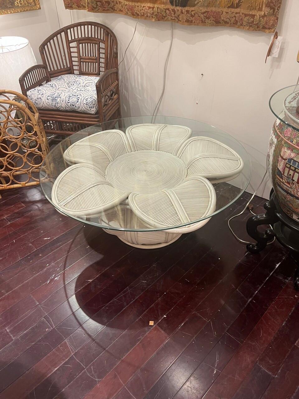 Mid Century Pencil Reed Bell Flower Glass Top Coffee Table For Sale 5
