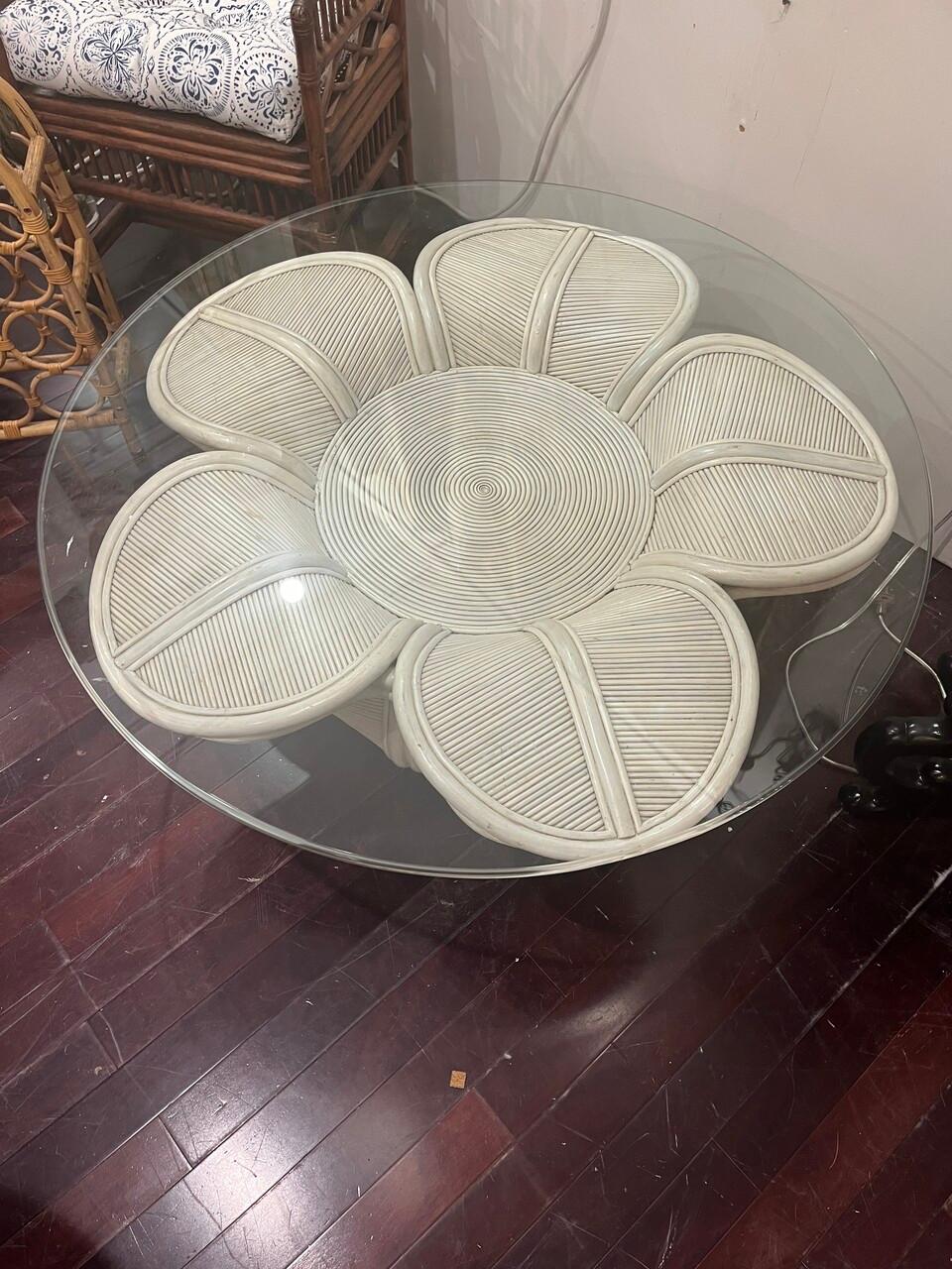 Mid Century Pencil Reed Bell Flower Glass Top Coffee Table For Sale 6