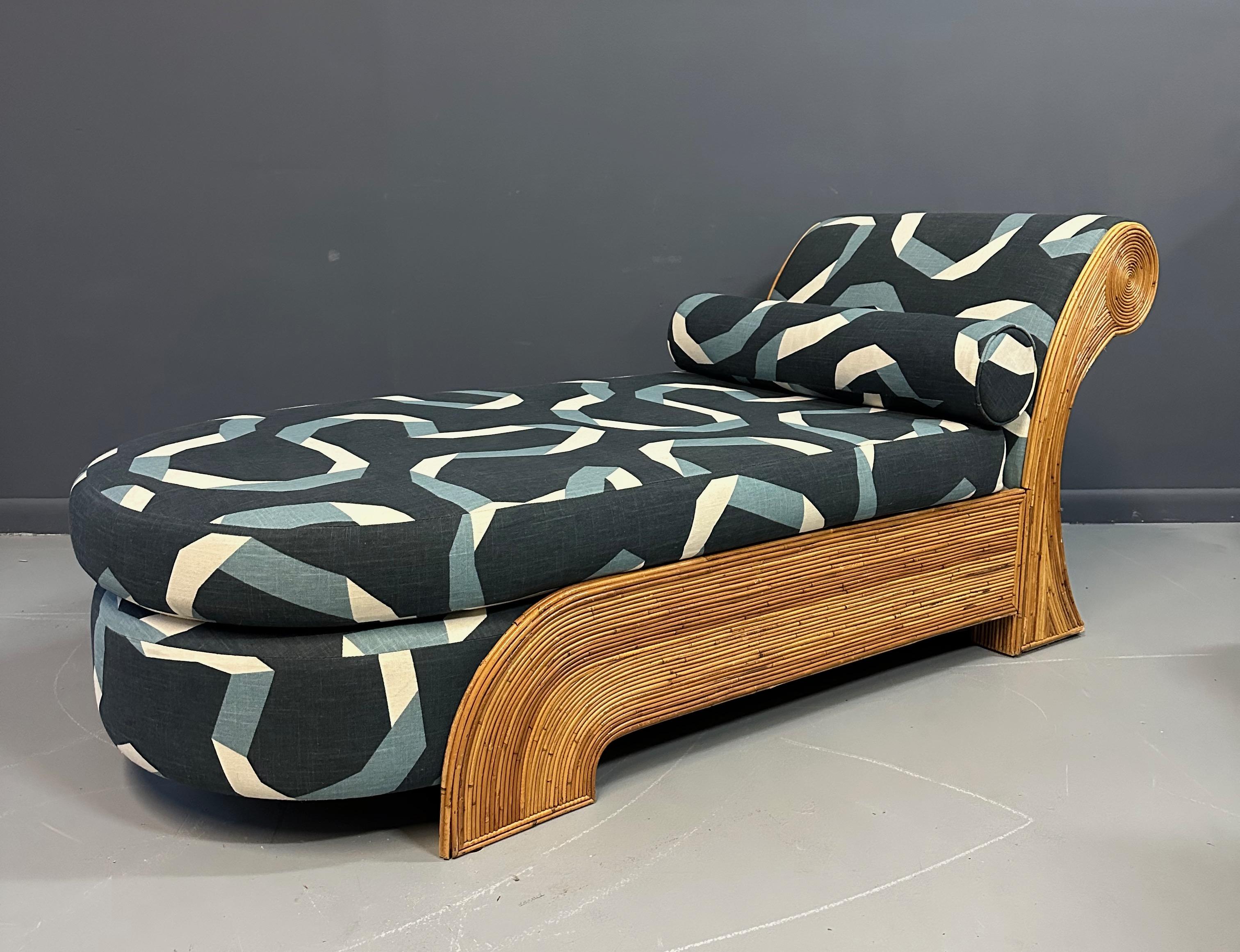 Stunning chaise lounge ready to be loved for decades to come! Elegant design and a style that is Classic and will be so forever. Excellent condition with no breaks for damage to the rattan. Fabric is in excellent condition with no rips or tears.