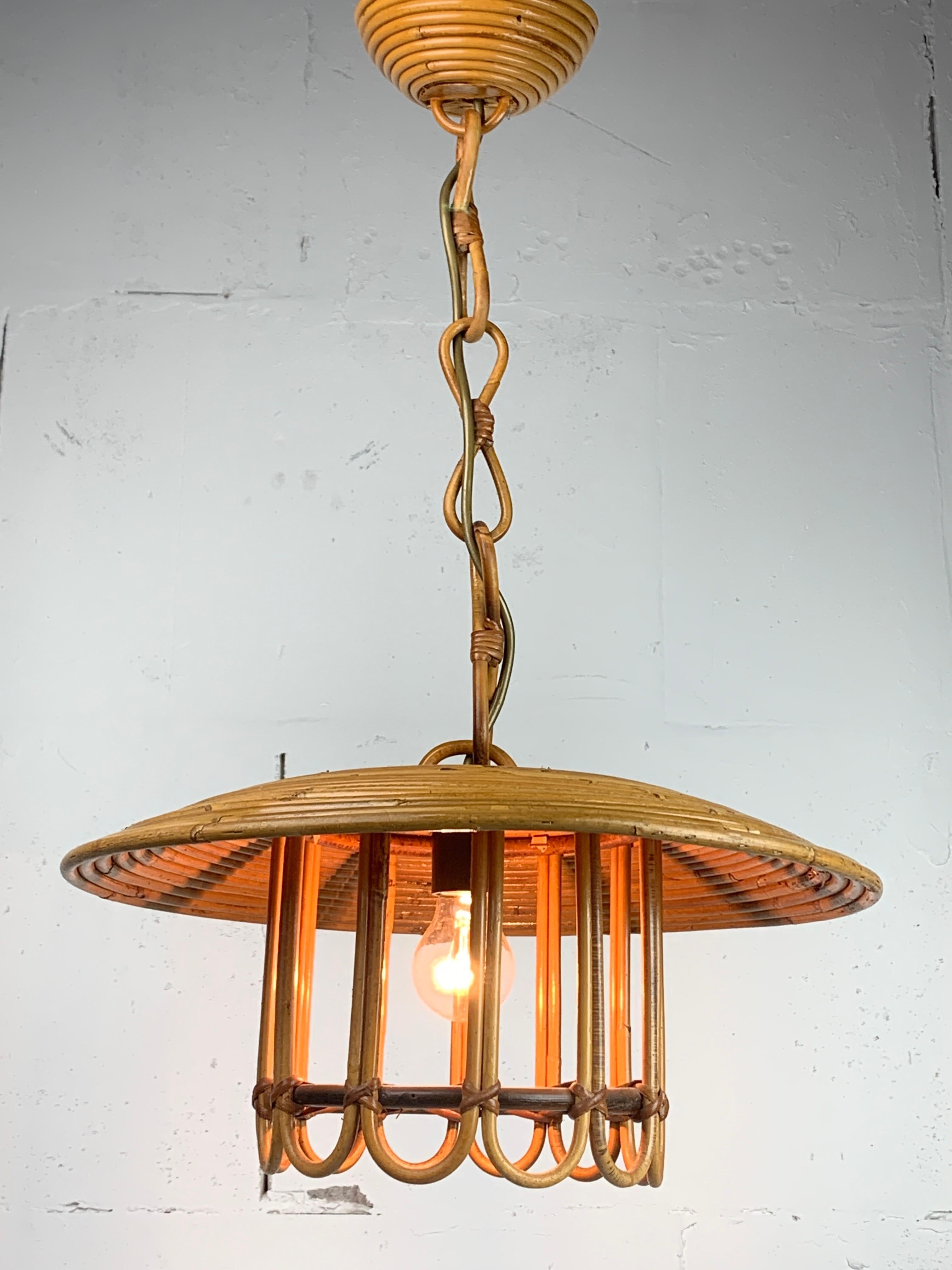 Mid-Century Pencil Reed Rattan Bamboo Pendant Hanging Lamp, Italy, 1970s 6