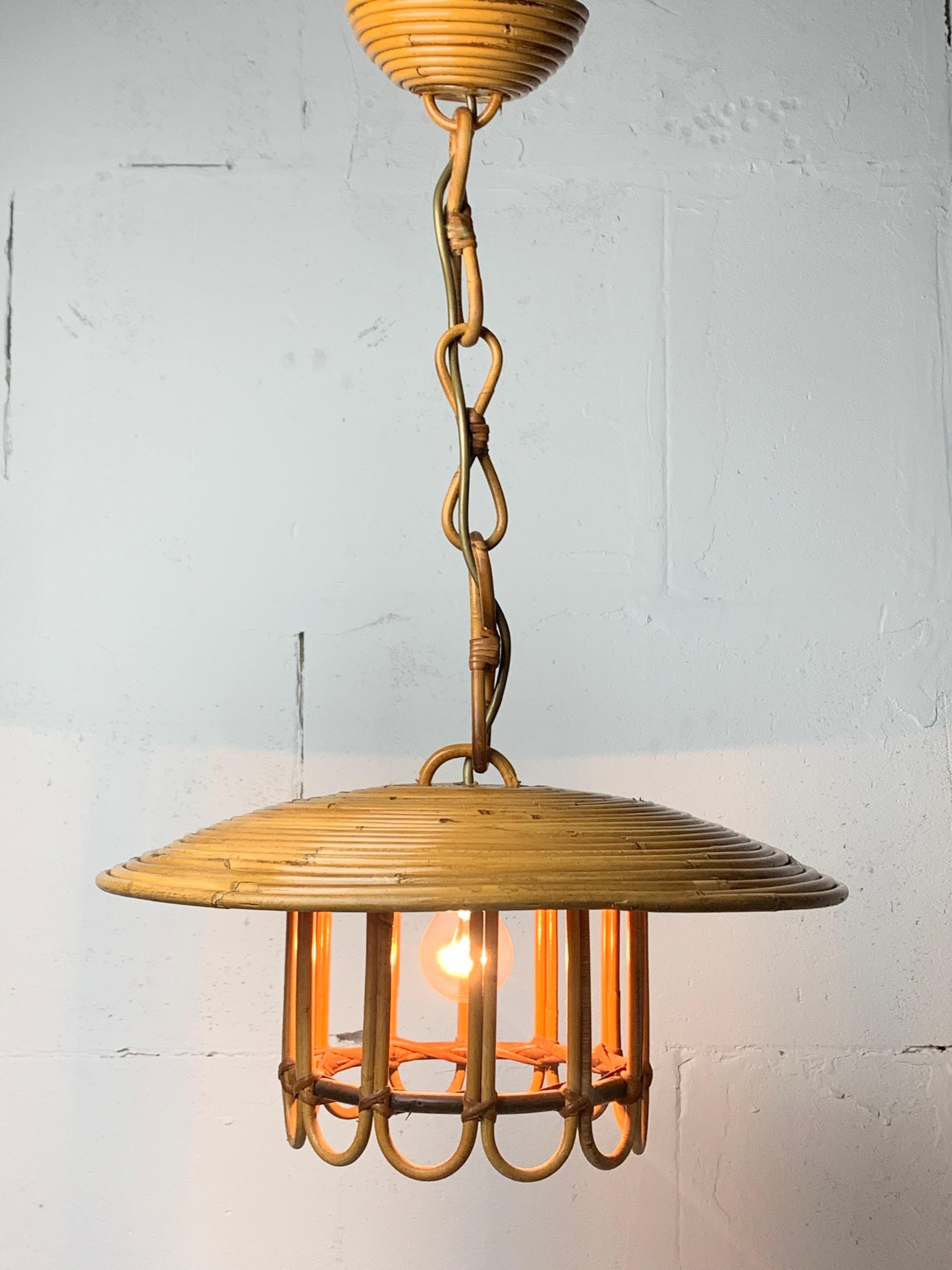 Mid-Century Pencil Reed Rattan Bamboo Pendant Hanging Lamp, Italy, 1970s 7