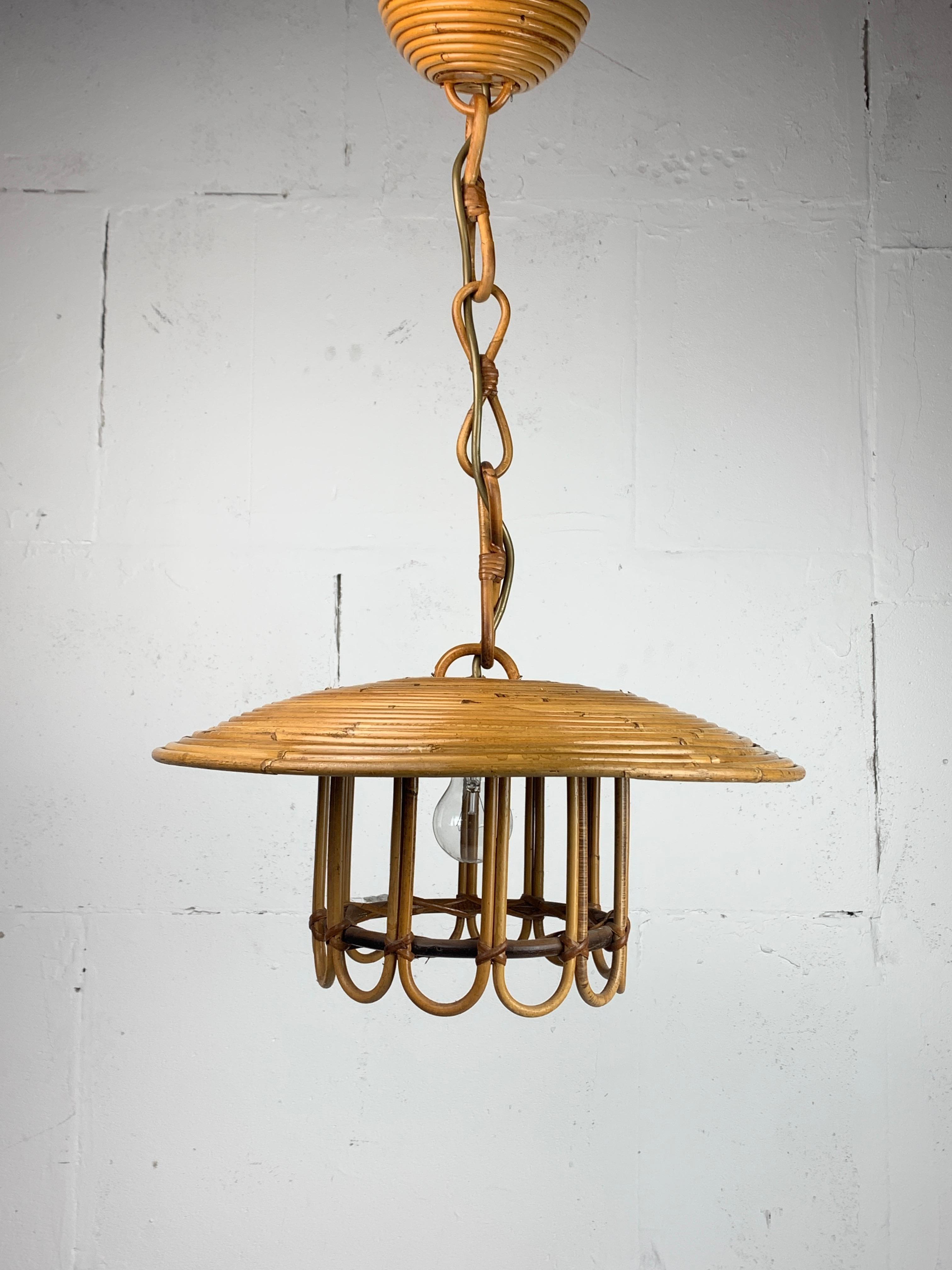 Italian Mid-Century Pencil Reed Rattan Bamboo Pendant Hanging Lamp, Italy, 1970s