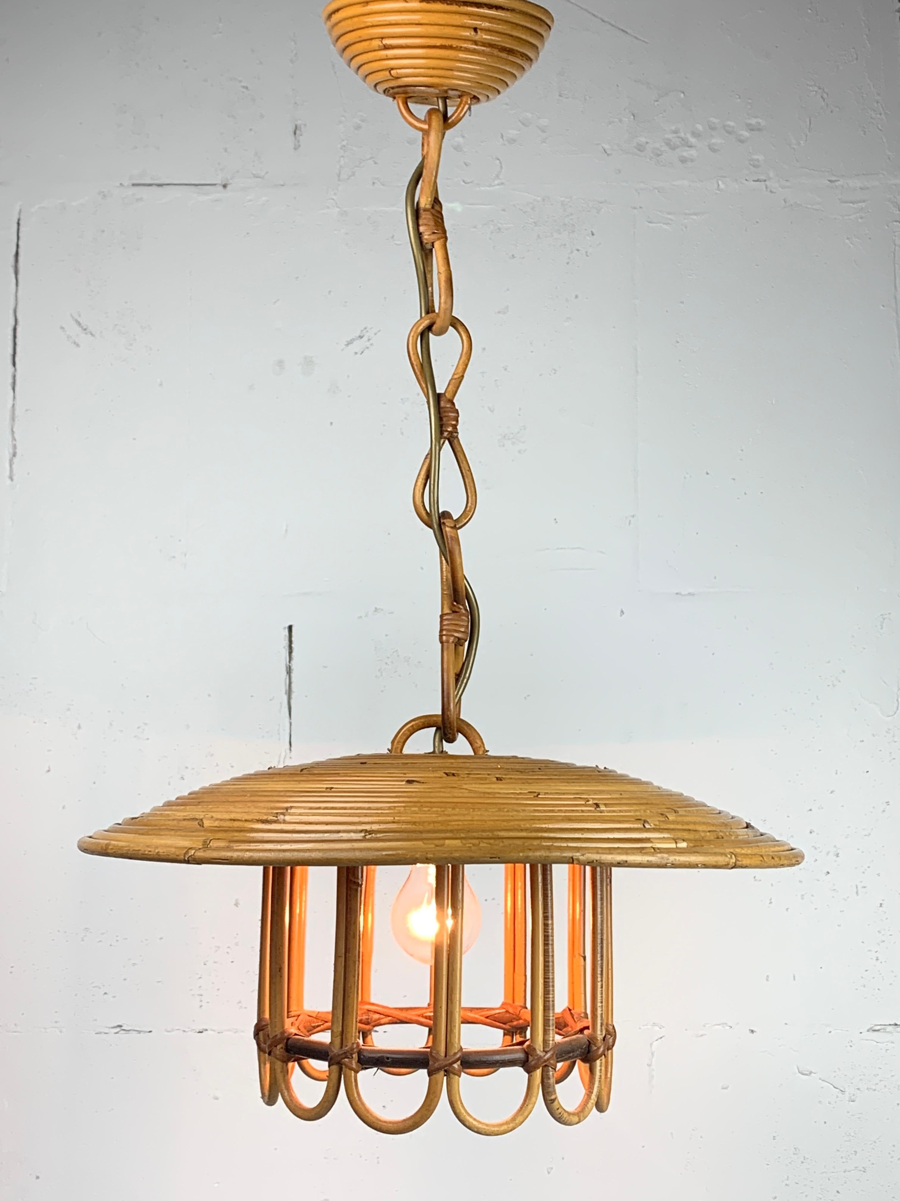 Mid-Century Pencil Reed Rattan Bamboo Pendant Hanging Lamp, Italy, 1970s 5