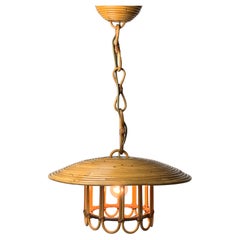 Mid-Century Pencil Reed Rattan Bamboo Pendant Hanging Lamp, Italy, 1970s
